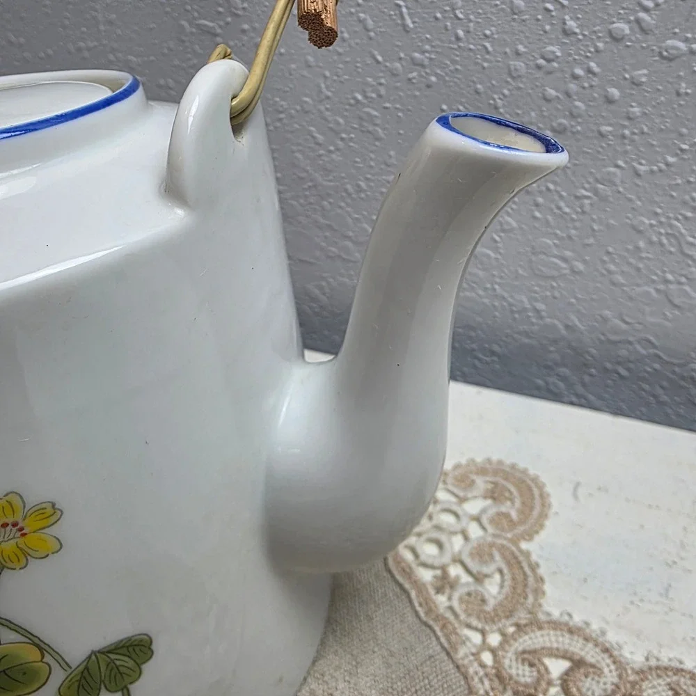 Vintage Ceramic Botanica Teapot Yellow Floral Clover Blue Trim Lid Rattan Handle
